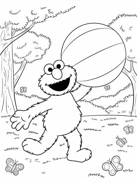 Elmo playing with a big red ball in a coloring page, surrounded by butterflies and trees