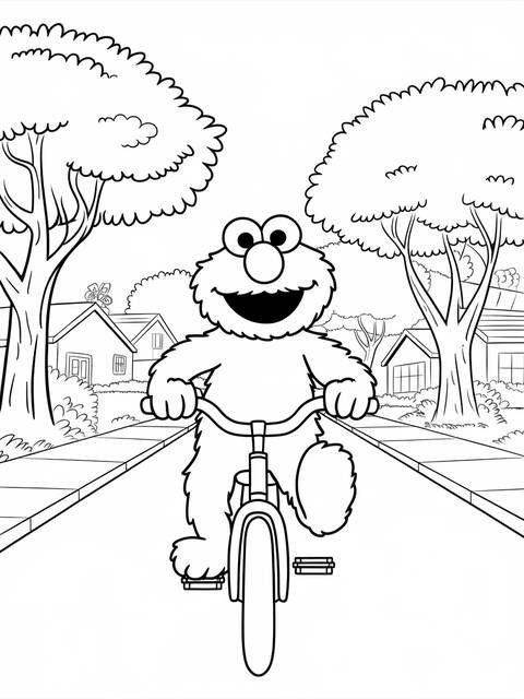 Elmo riding a bike down a sunny street, a coloring page illustration