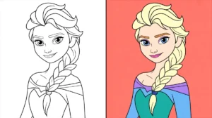Elsa coloring page: a portrait of the frozen character, with braid