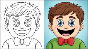 Emotions coloring page: a happy boy, presented in color and outline