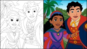Encanto coloring page featuring two characters, one making a peace sign