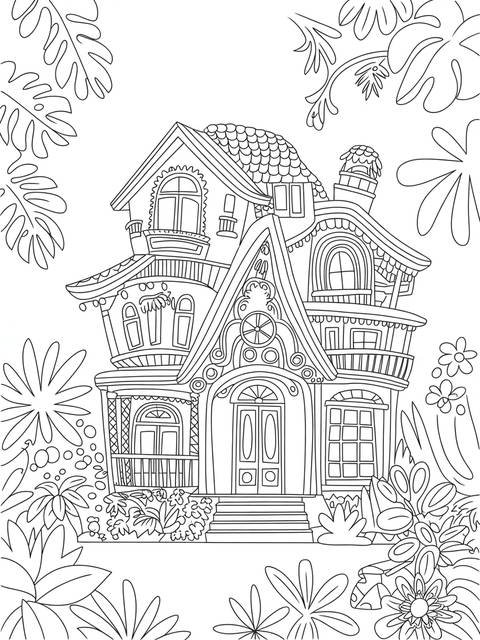Black and white line art illustration of a detailed encanto-style house for coloring