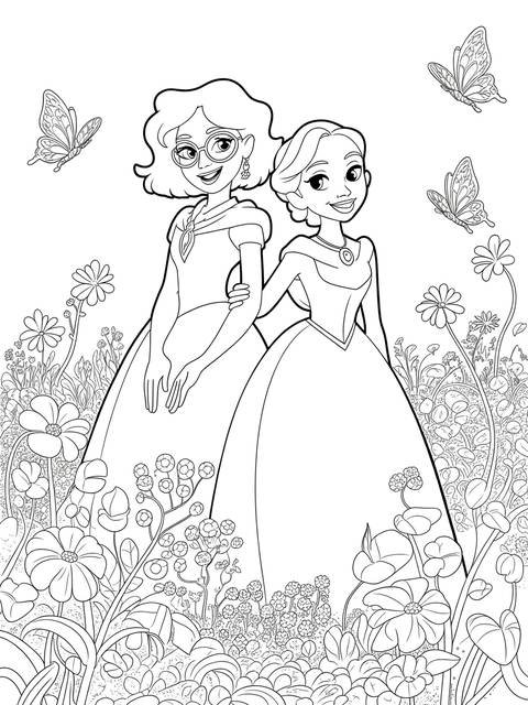 Black and white line art from an encanto coloring page, featuring two women and butterflies