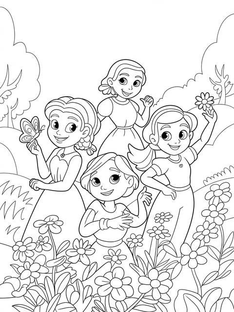 Black and white line art of four girls in a field of flowers, encanto coloring page