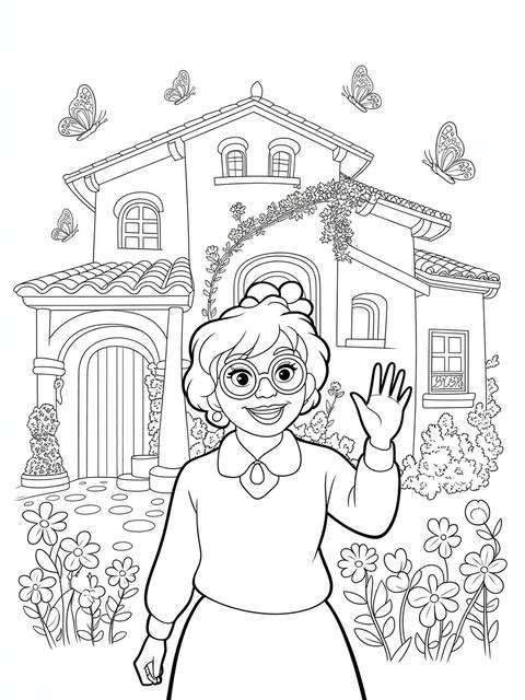 Black and white line art of an encanto character waving in front of a house