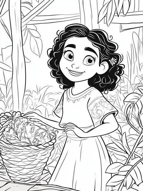 Encanto coloring page of a girl smiling, holding a basket of flowers, outdoors