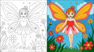Fairy coloring page: a winged fairy in a garden setting with flowers