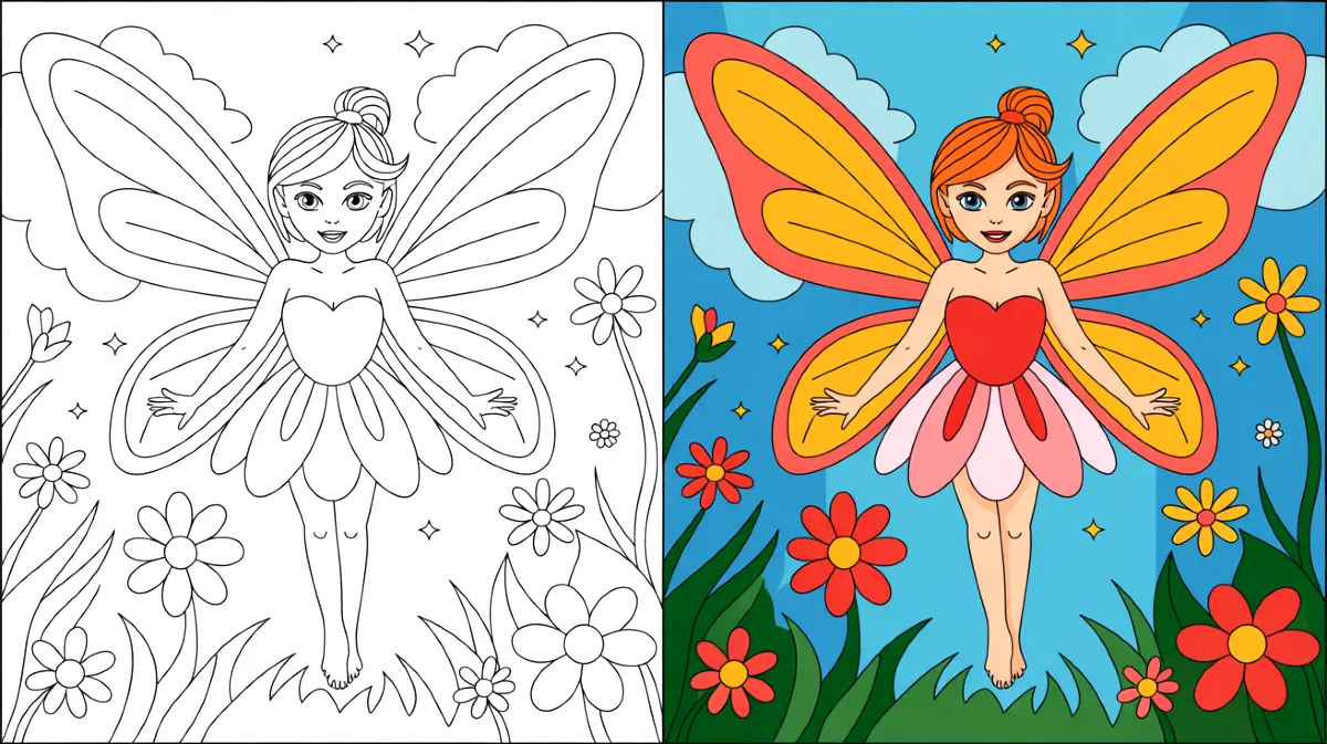 Fairy coloring page: a winged fairy in a garden setting with flowers
