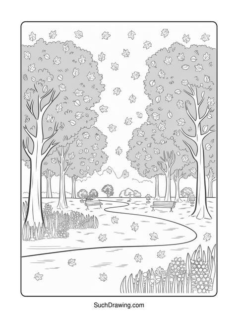 Black and white coloring page of a park scene with trees and falling leaves