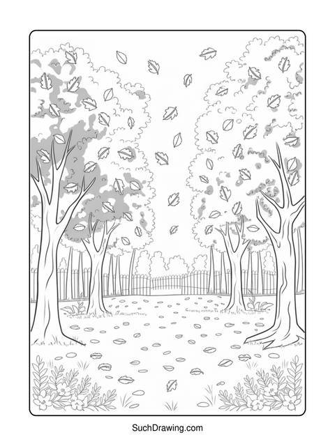 Black and white illustration of trees, falling leaves, and a fence