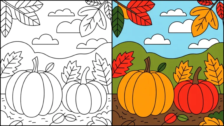 Fall coloring page featuring pumpkins, leaves, and a landscape with clouds