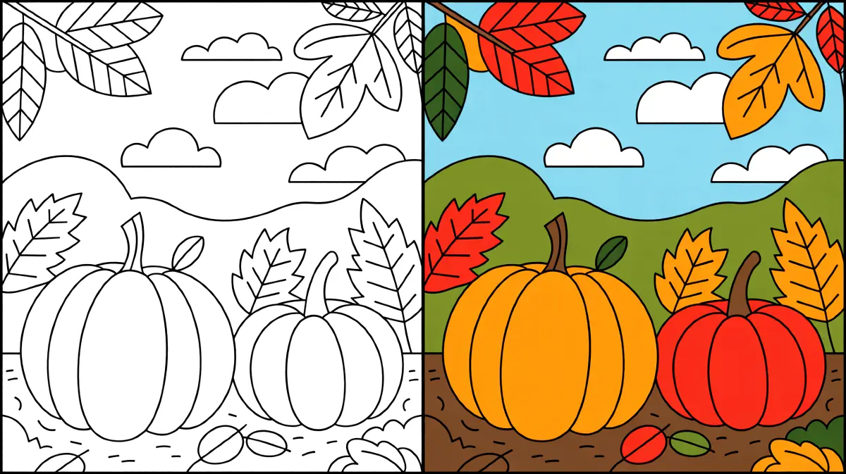Fall coloring page featuring pumpkins, leaves, and a landscape with clouds