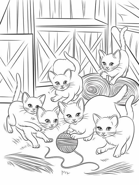 Farm animal coloring page featuring a group of playful kittens with a ball of yarn