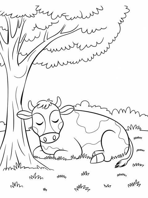 A sleepy cow resting under a tree, part of a farm animal coloring page