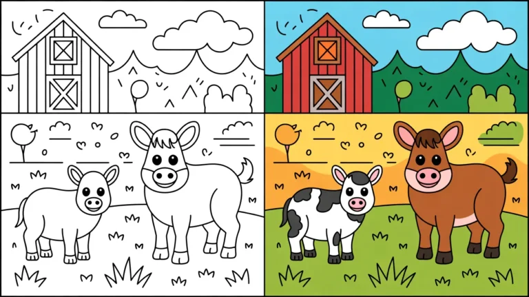 Farm animal coloring pages featuring a barn and two cows, one colored