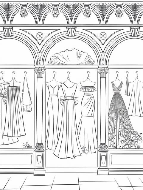 Line art of a chic fashion boutique storefront, showcasing elegant dresses