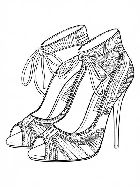 Fashionable high-heeled shoes coloring page, featuring intricate designs and tie details