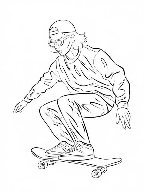 Fashionable skateboarder in action, wearing a cap and sunglasses, ready to ride
