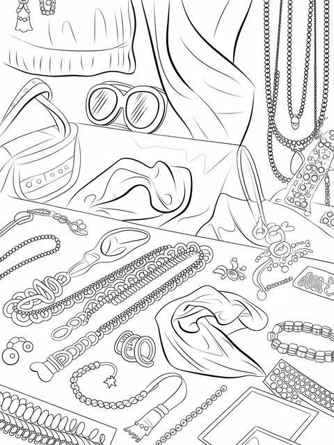 Fashion accessories coloring page, including sunglasses, jewelry, and a handbag