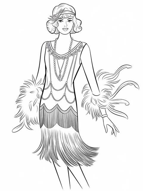 Line art of a 1920s flapper in a fringed dress and feather boa