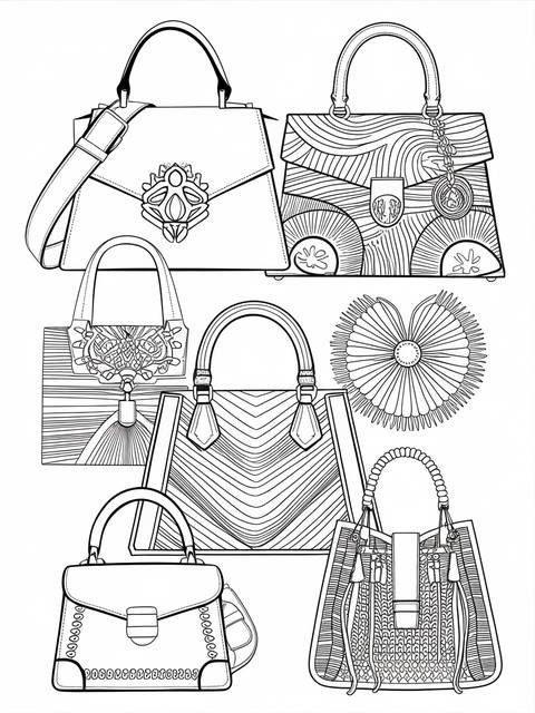 Line art of a set of trendy handbags, perfect for fashion coloring