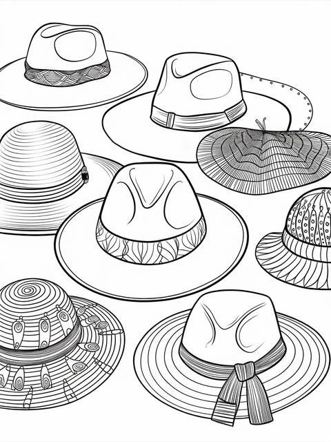 Line drawing of a stylish hat collection, featuring various fashion designs