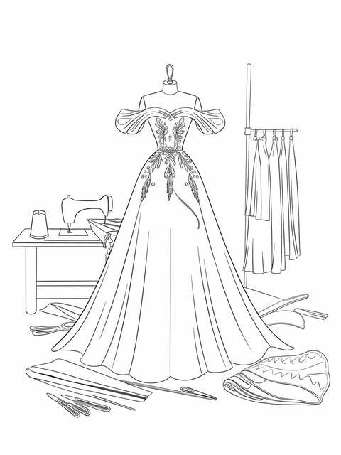 Line drawing of an elegant evening gown on a dress form, fashion design