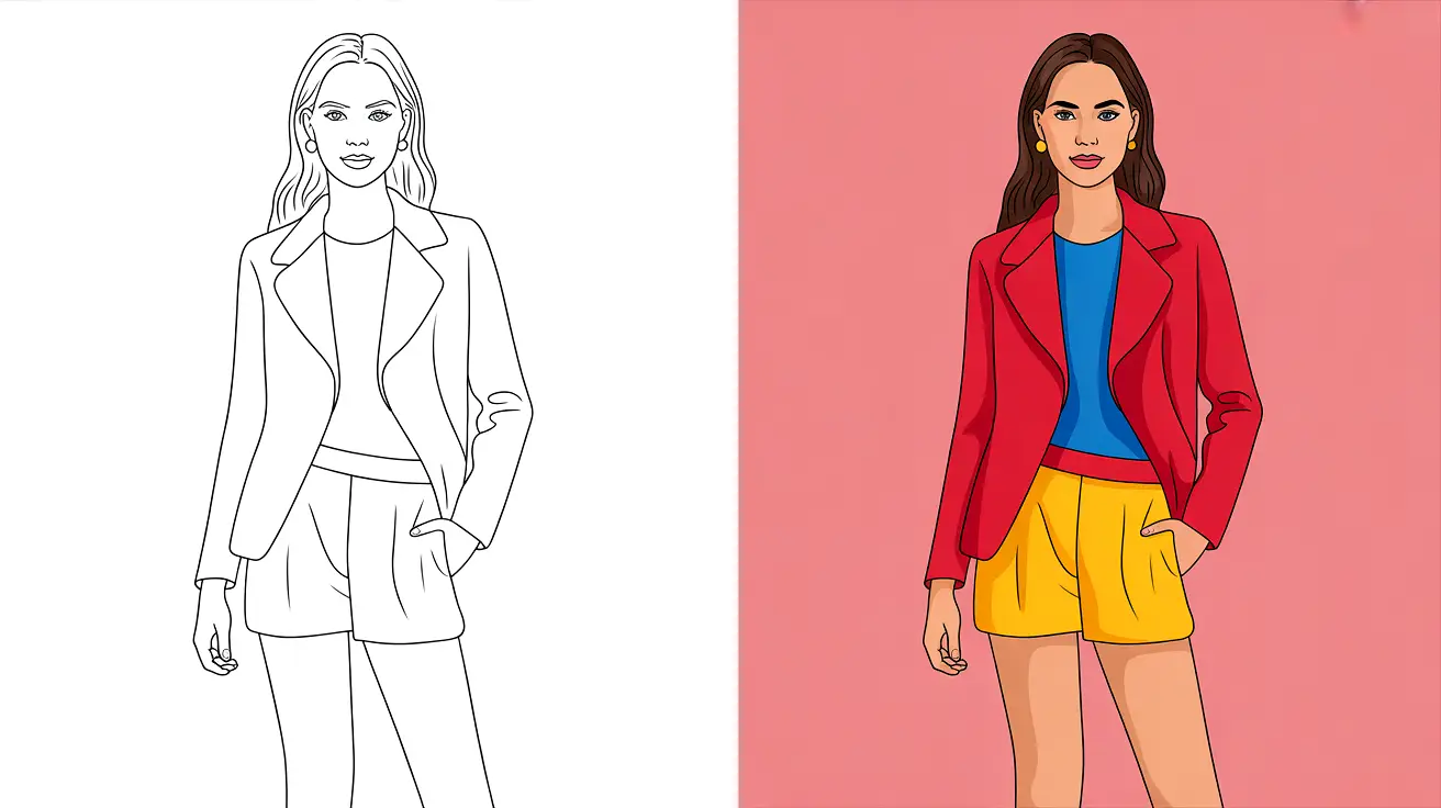 Fashion coloring page: a woman in a red blazer and yellow shorts