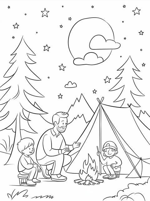 Father's day coloring page: a dad and his kids camping around a campfire
