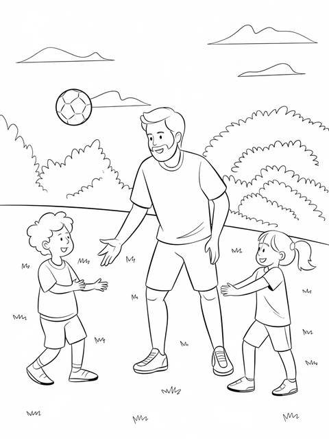 Father's day coloring page: a dad and his kids playing soccer outdoors