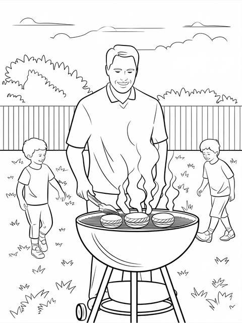 Father's day coloring page: dad grilling burgers with his children in the backyard