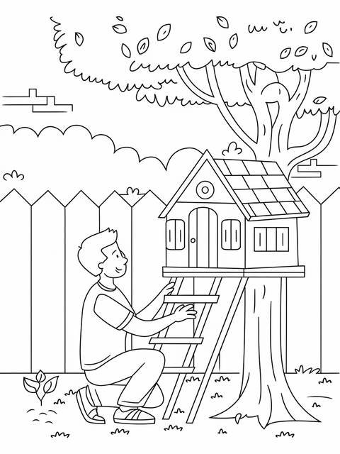 Father's day coloring page: dad helping child build a treehouse, outdoors