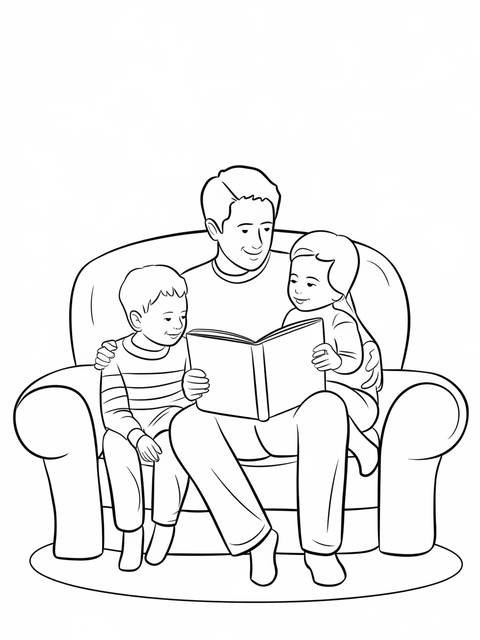 Father's day illustration: dad reading a storybook to two children on a couch
