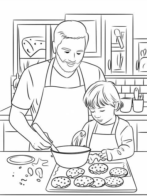 Father and child baking cookies together in the kitchen for father's day