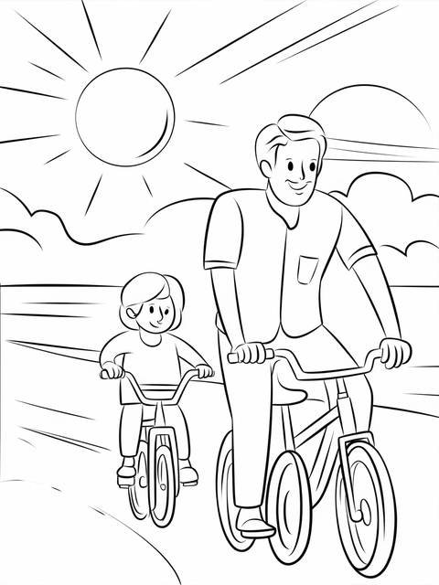 Father and child riding bikes together, a father's day activity, under a sunny sky
