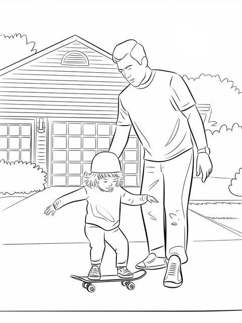 Father's day coloring page: a father helps his child skateboard near a house