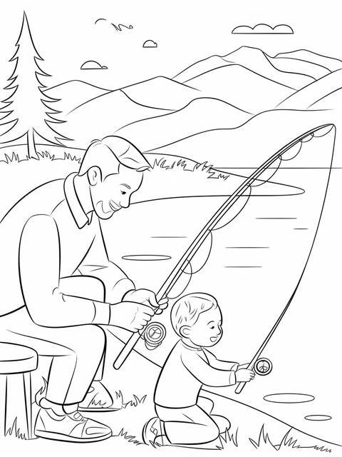 Father's day coloring page: a father teaching his child how to fish