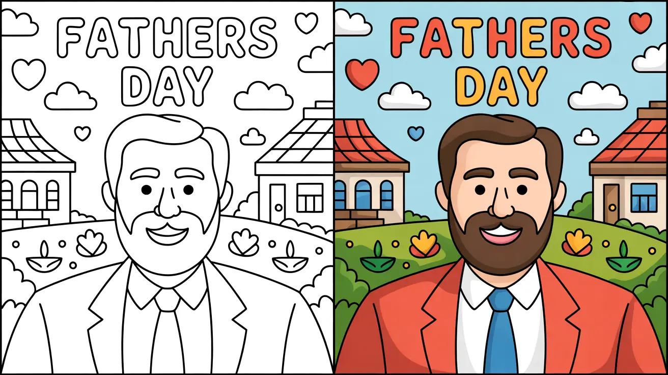 Fathers day coloring page: a man with a beard, in a suit, with houses