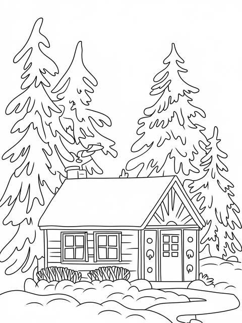 A charming little cottage surrounded by pine trees, a scene for coloring