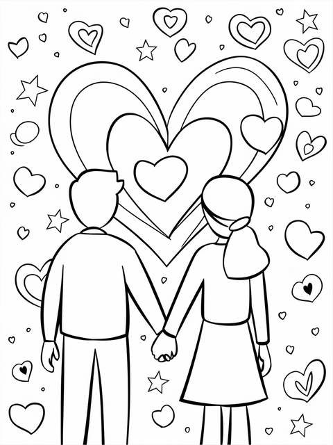 February cover: a couple holding hands in front of hearts, a coloring page