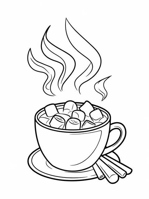 Line drawing of a cozy cup of hot cocoa topped with marshmallows and cinnamon sticks