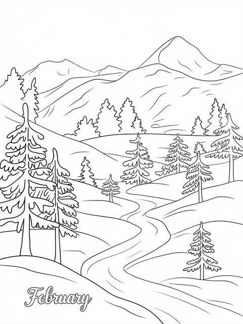 A majestic winter landscape coloring page featuring mountains, trees, and a winding river