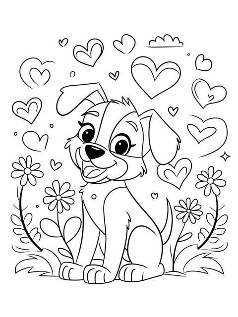 February cover: playful puppy surrounded by hearts and flowers, ready for coloring