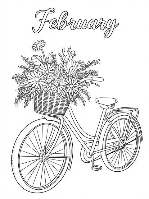 Vintage bicycle with a flower basket, labeled 'february'; a coloring page