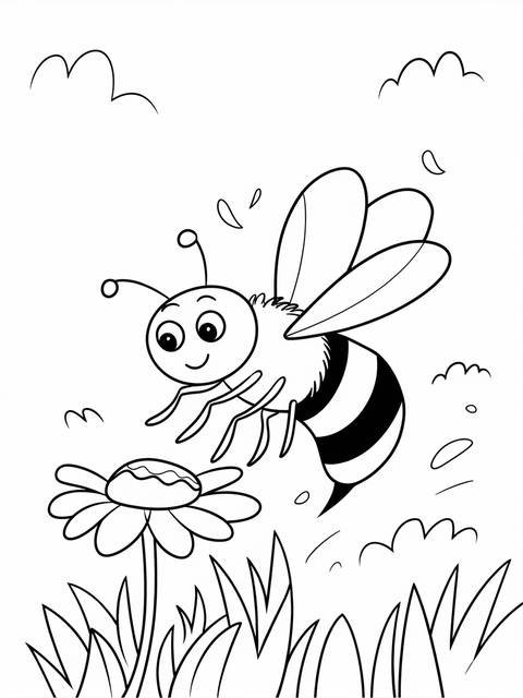 Whimsical cartoon bee buzzing near a flower, a february cover illustration