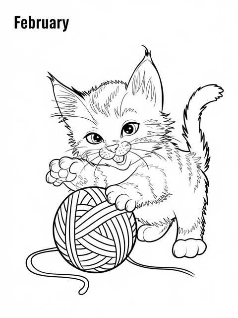 February cover: an adorable kitten playfully interacting with a ball of yarn