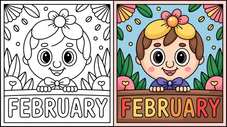 February coloring page cover featuring a smiling child with flower, two panels
