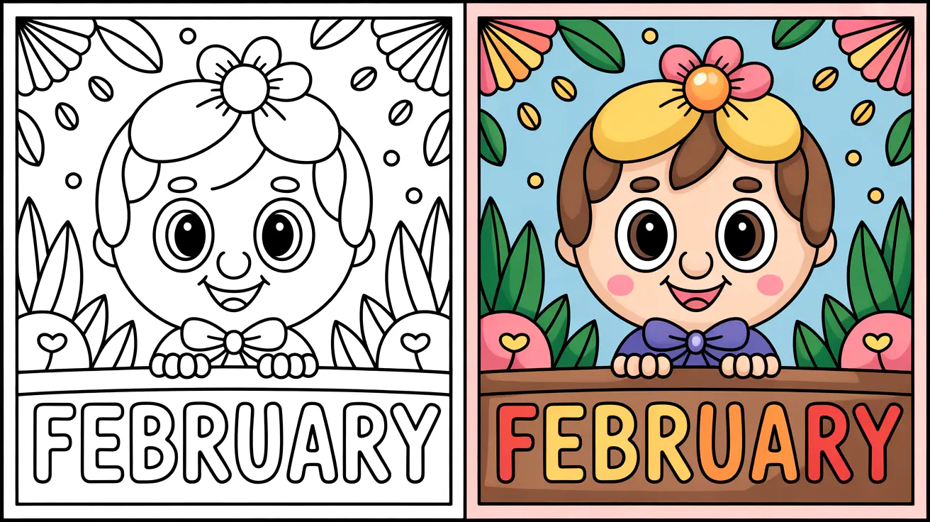 February coloring page cover featuring a smiling child with flower, two panels