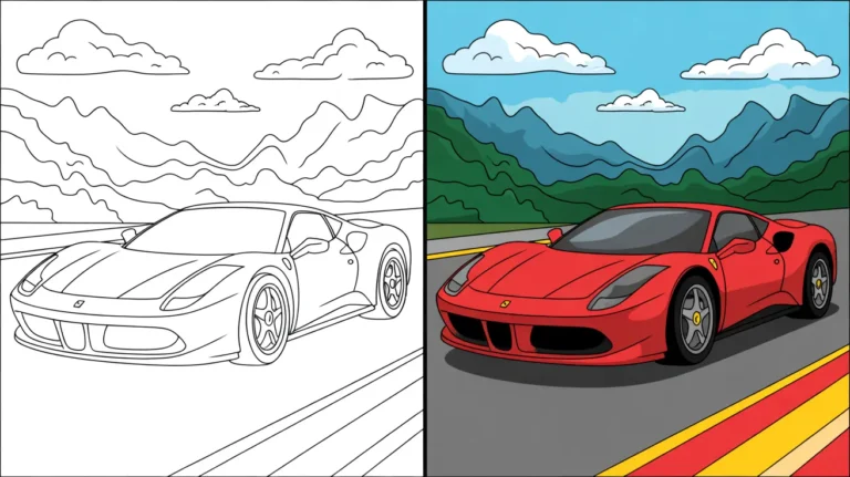Ferrari coloring page: a red sports car, with a completed and incomplete panel