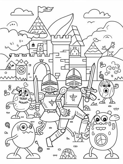 Fgteev fantasy scene coloring page featuring knights, castle, and whimsical creatures